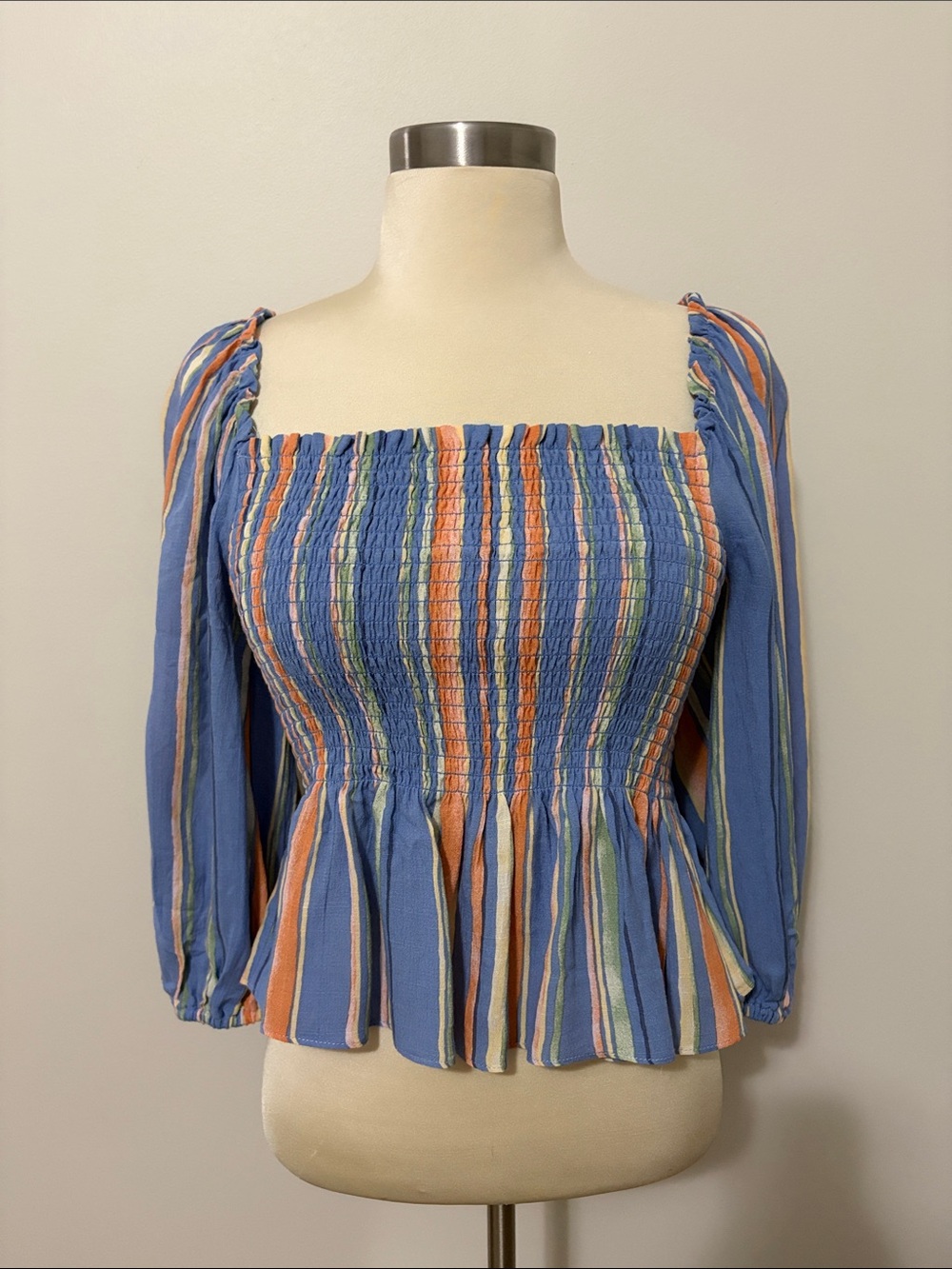 NWT Vestique Water’s Edge Striped Smocked Peasant Top Peplum S Boho Festival - Picture 1 of 7